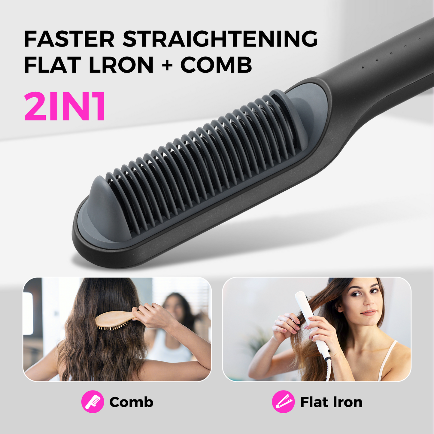 Goolioo Hair Straightener Brush, Ionic Hair Straightening Brush, Anti-Scald, Ceramic Coating, Black