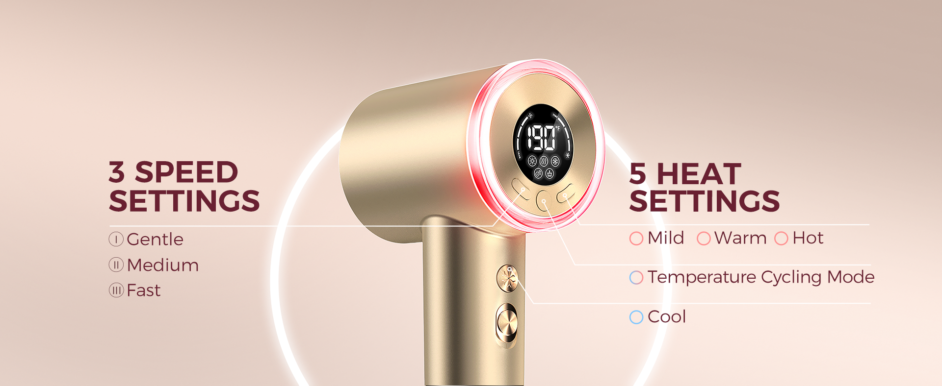 The LED screen of Goolioo high speed hair dryer have3 speed and 5 heat settings